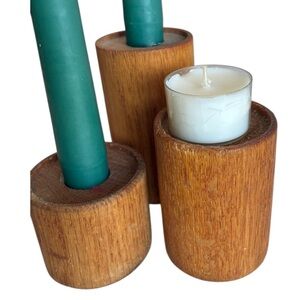 Wooden Teak Candle Holder Set Danish For Tapers Or Votives or Tea Light Candles